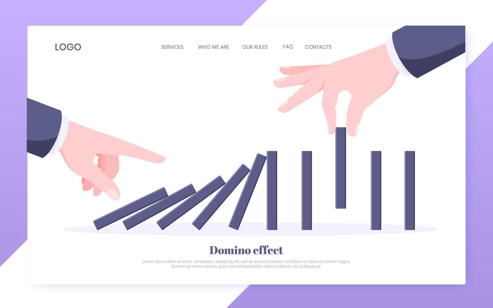 Domino effect business concept. One hand starts chain reaction of falling board game blocks of dominoes. vector