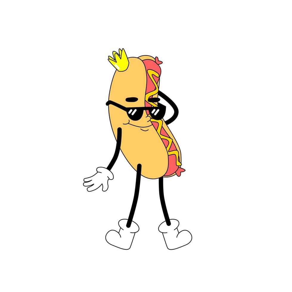 Groovy character hot dog. Vector mascot in 70s retro style. American grilled meal. Summer snack from Frankfurter.