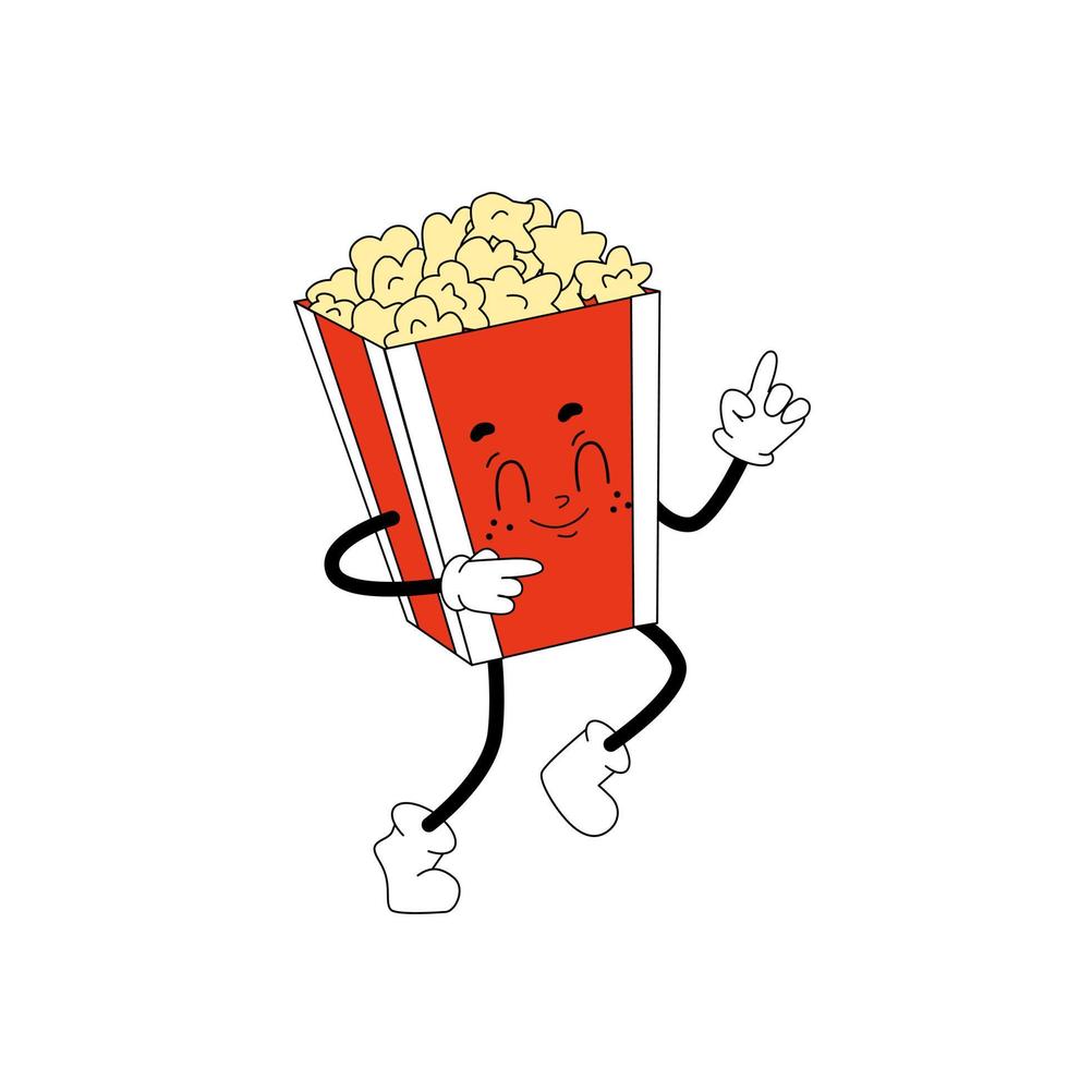 Cinema mascot in retro style. Groovy popcorn character. Trippy food illustration in disco style. Happy pop snack. vector