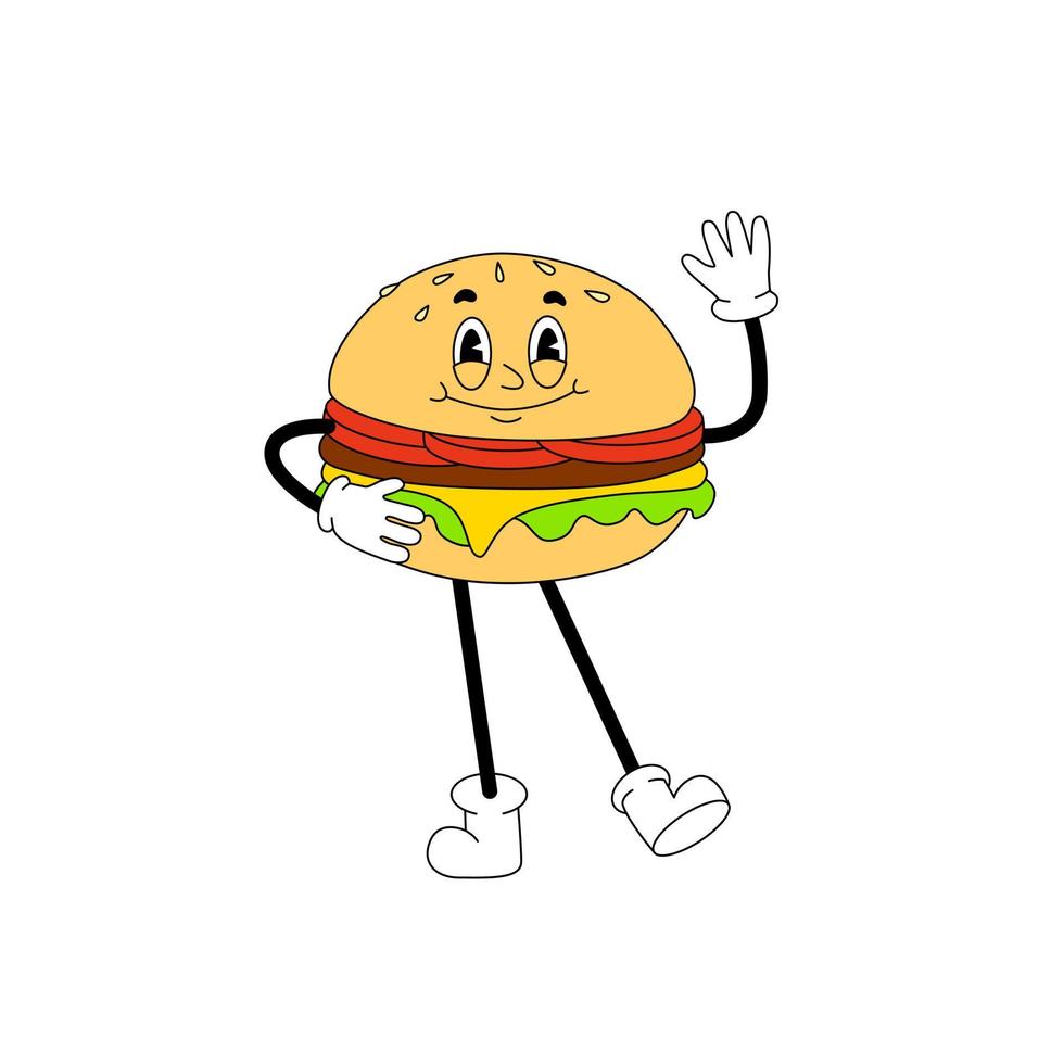 maravilloso hamburguesa pegatina. dibujos animados hamburguesa con queso en retro estilo, Clásico hamburguesa personaje para póster, menú. hippie mascota para rápido comida vector