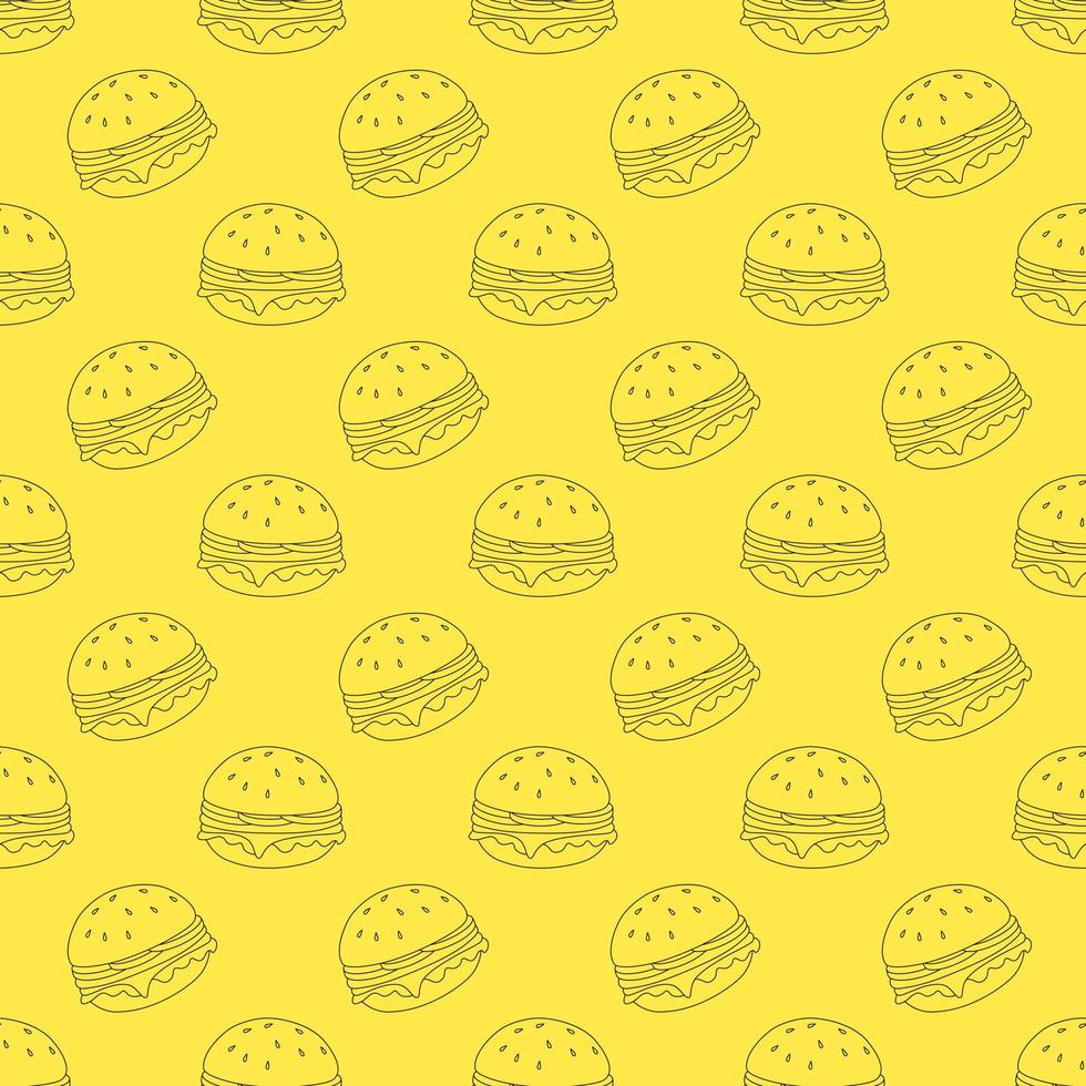 Fast food seamless pattern. Tasty cheeseburger wallpaper. Hamburger textile paper for menu and packaging vector