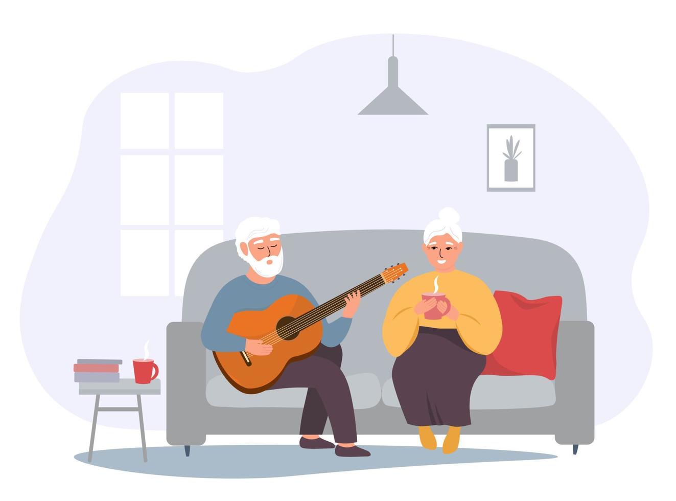 An elderly happy couple is sitting together on the sofa in the room. Grandpa plays guitar and sings. Vector graphics.