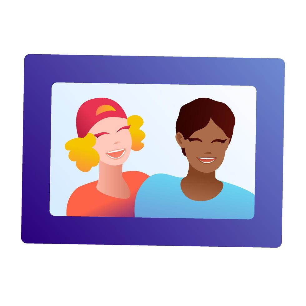 People group selfie. Friendly guy makes group photo with smiling friends on smartphone camera in hands, taking self portrait photos. Telephone photography vector cartoon illustration.