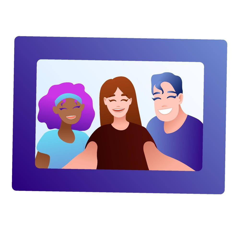 People group selfie. Friendly guy makes group photo with smiling friends on smartphone camera in hands, taking self portrait photos. Telephone photography vector cartoon illustration.