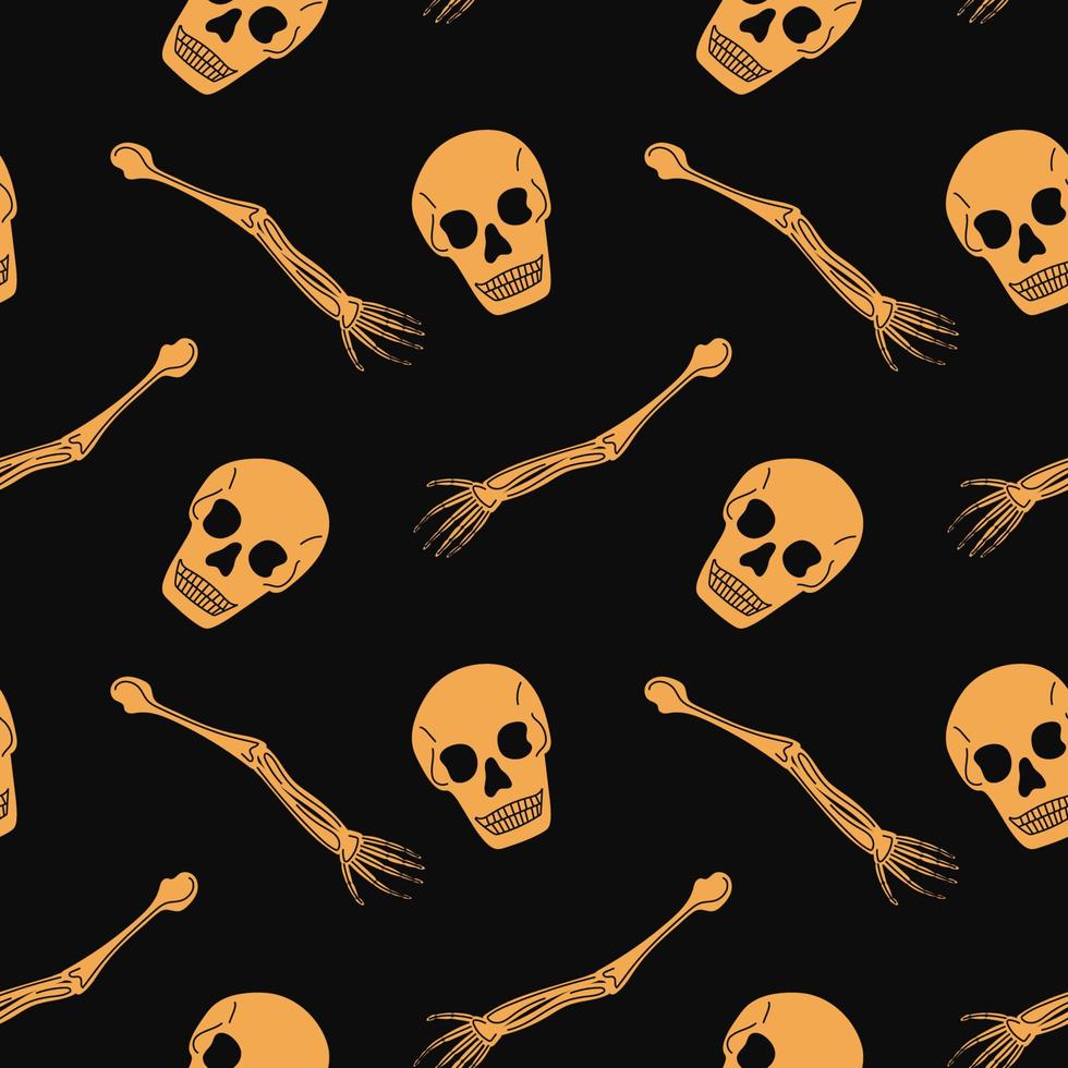 Seamless pattern with human skulls and bones. Vector background with sinister smiling skulls in retro style. Graphic print for clothes, fabric, wallpaper, wrapping paper.