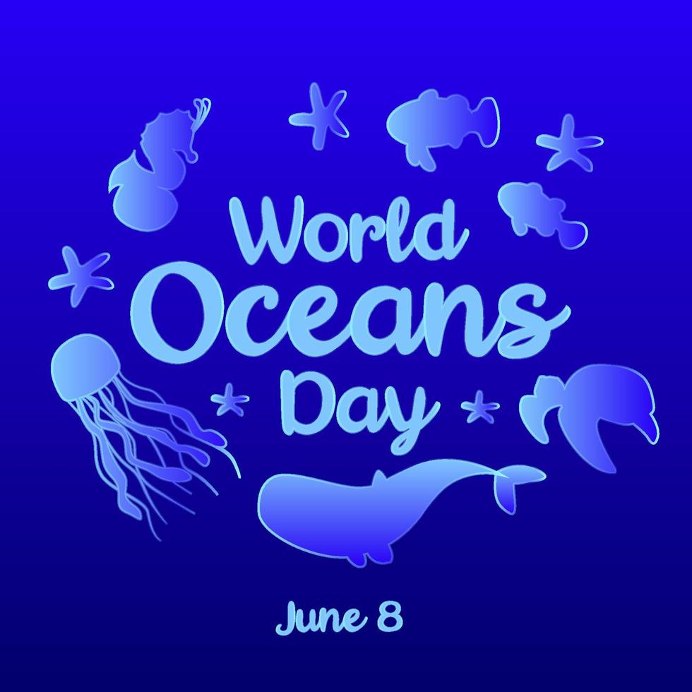 día mundial de los océanos 8 de junio. salva nuestro océano. grandes ballenas y peces nadaban bajo el agua con una hermosa ilustración de vector de fondo de coral y algas.