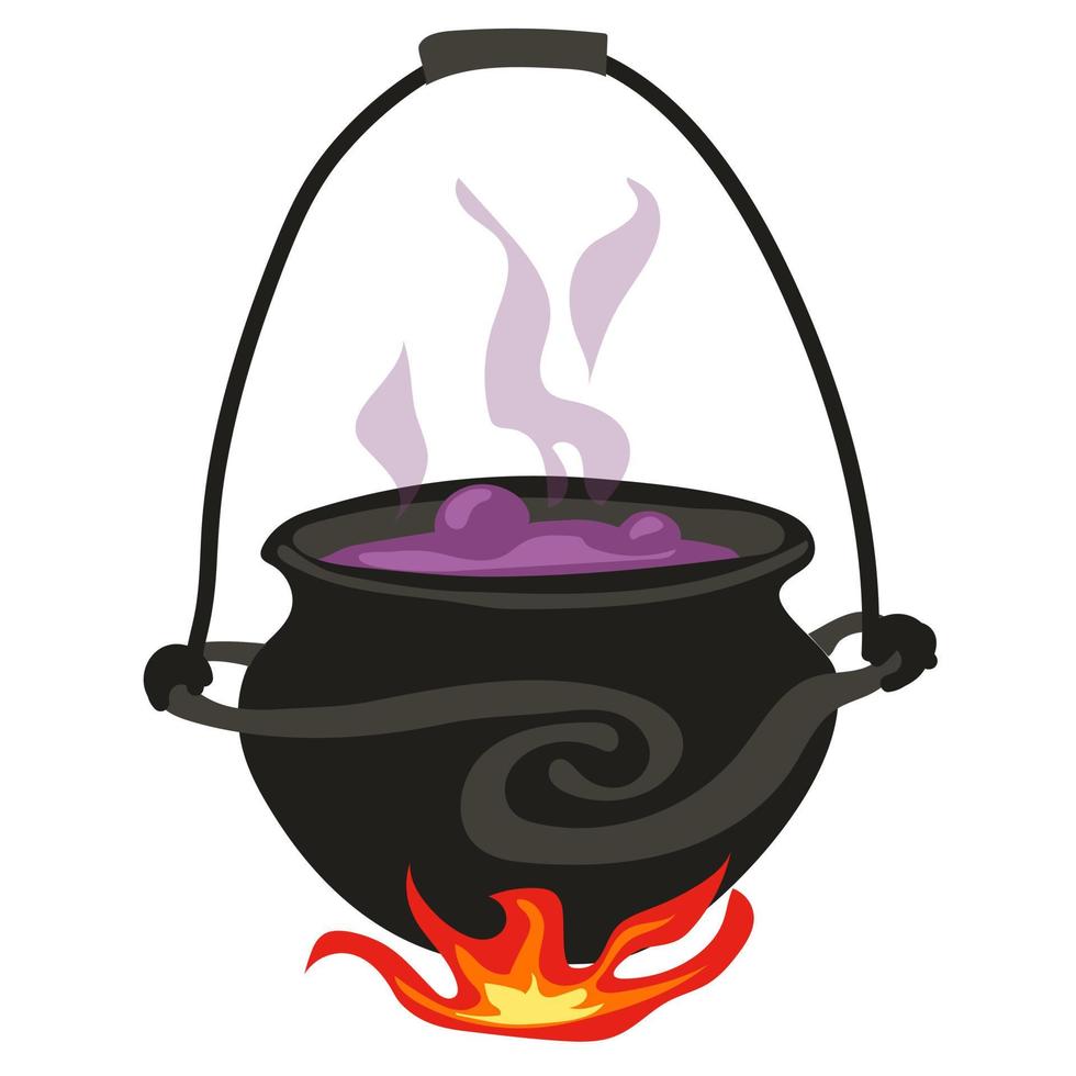 A witch's cauldron in a modern hand-painted style. An antique cauldron with a purple potion hangs over the fire. An old witch's cauldron on the handle, smoke above it. Isolated vector illustration