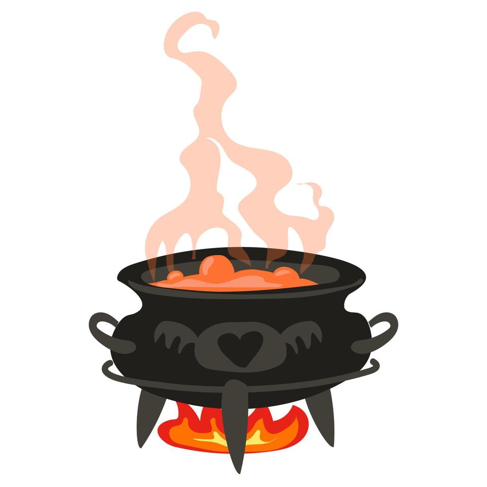 A witch's cauldron in a modern hand-painted style. An old cauldron with an orange potion stands over the fire. An old witch's bowler hat on three legs, smoke above it. Isolated vector illustration