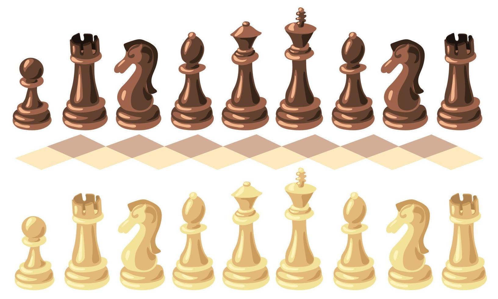 A chess set of brown and white pieces with a sketch of a checkered board. Vector illustration. Chess cartoon. Game pieces. Simple wooden chess. Collection of the whole set