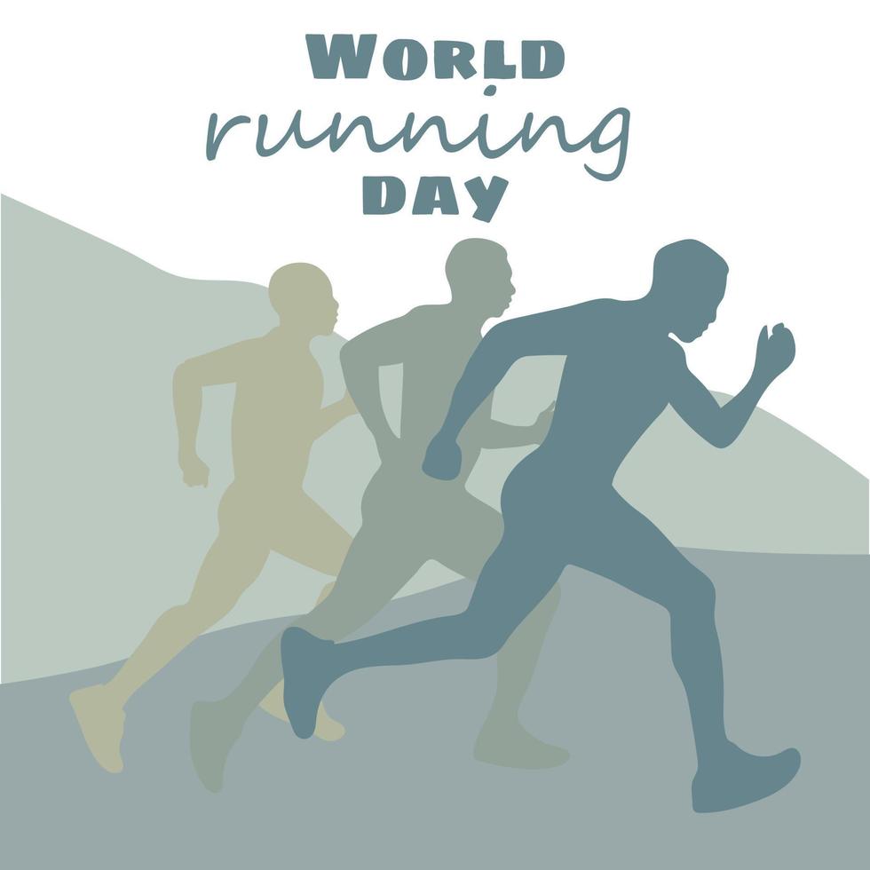 World Running Day. Vector poster design. The concept of a healthy lifestyle. Men run ahead of each other in nature. Flat vector illustration. A template for a banner, an advertising cover Competitions