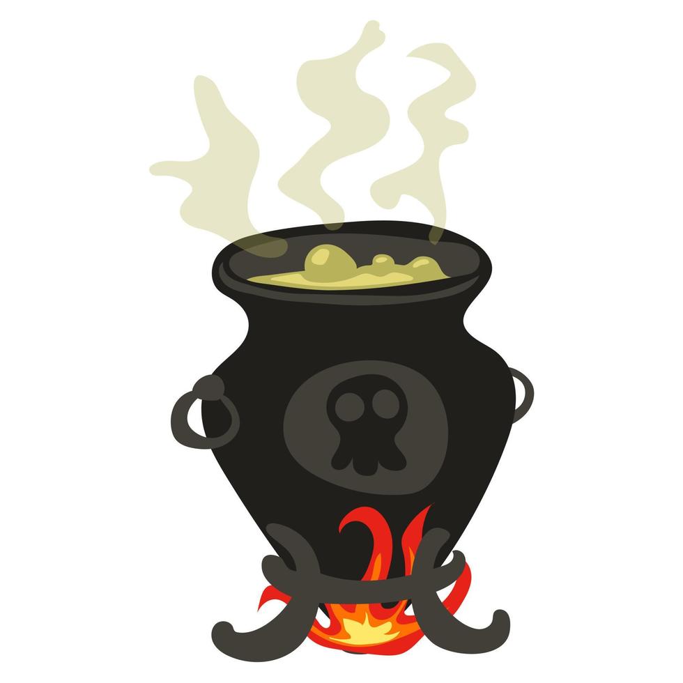 A witch's cauldron in a modern hand-painted style. An ancient cauldron with a green potion stands over the fire. An old witch's bowler hat on three legs, smoke above it. Isolated vector illustration