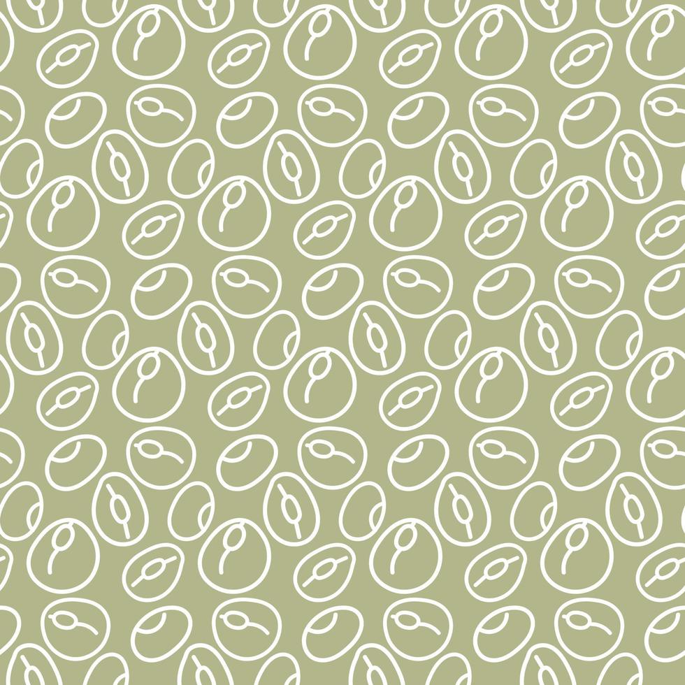 A pattern with a contour pattern of beans. The symbol is a bean doodle on a green background. Printing on textiles and paper background for vegetable milk. Packaging with legumes vector