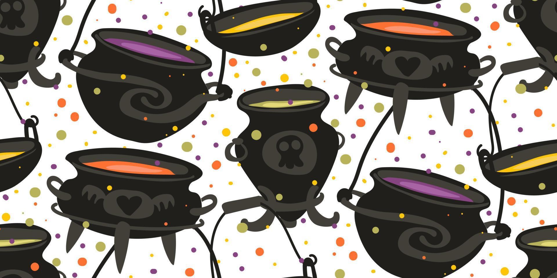 A pattern of witch cauldrons with colored potions and potion dots around. Cauldron, potion, sprayer. Background in the Halloween color scheme. Printing of gift packaging, textiles. Abstract, chaotic vector