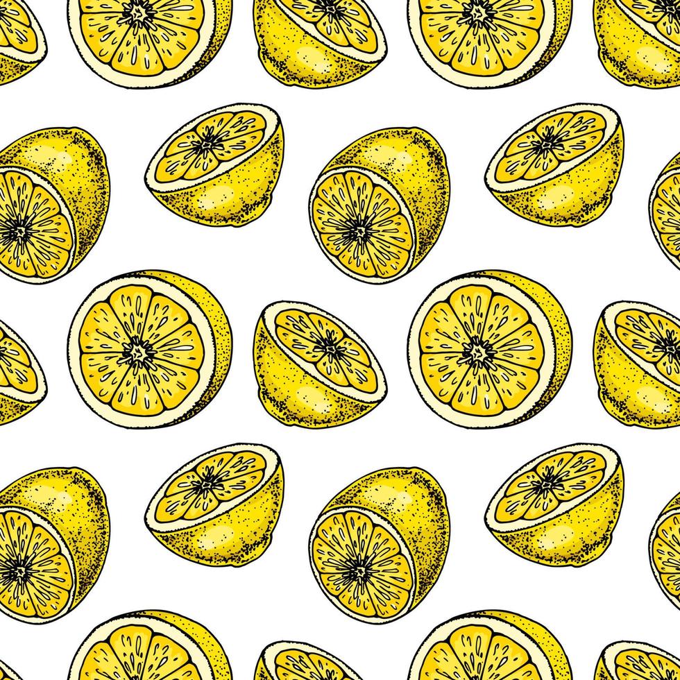 Lemon slice seamless pattern. Colorful hand drawn vector illustration in sketch style. Tropical exotic citrus fruit summer background