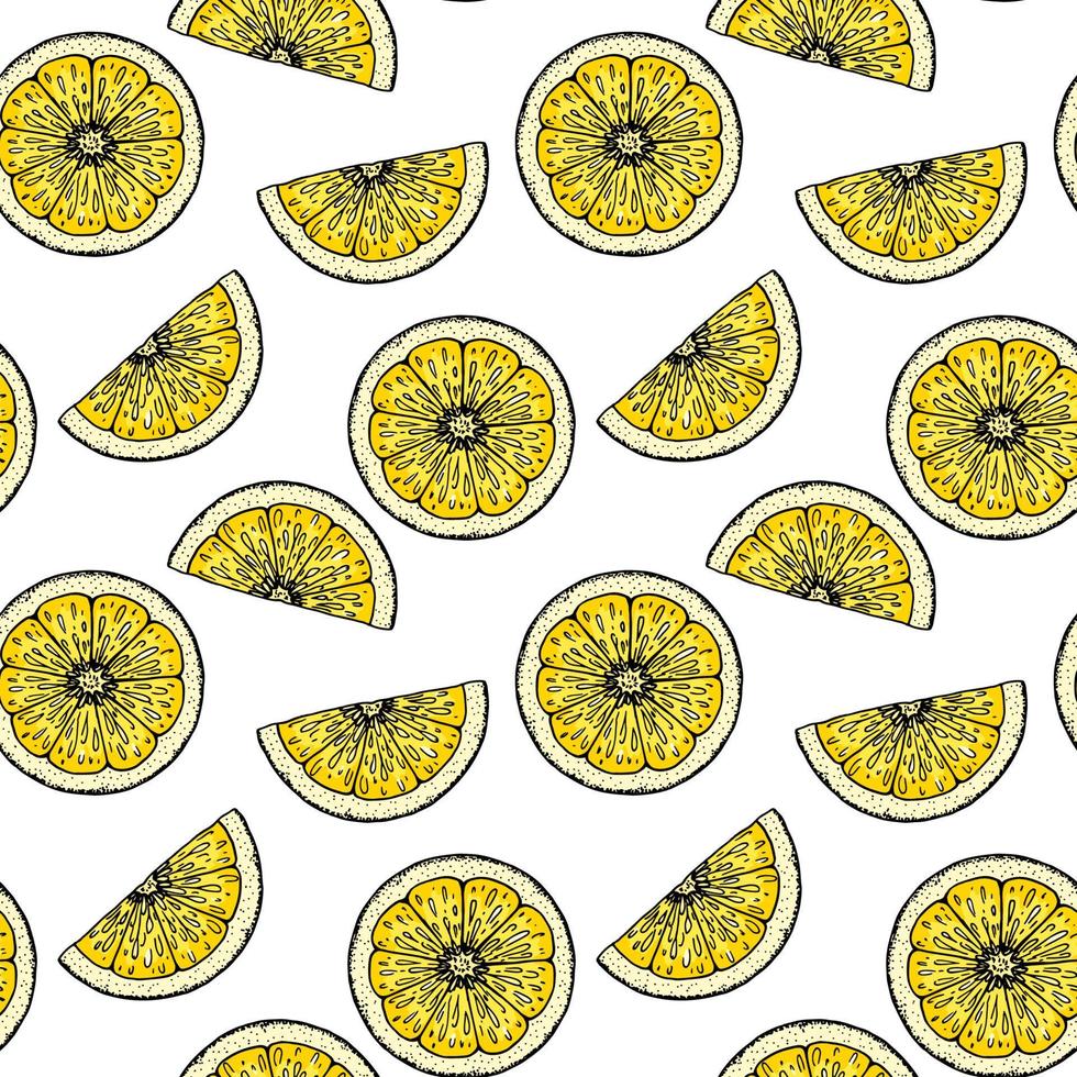 Lemon slice seamless pattern. Colorful hand drawn vector illustration in sketch style. Tropical exotic citrus fruit summer background