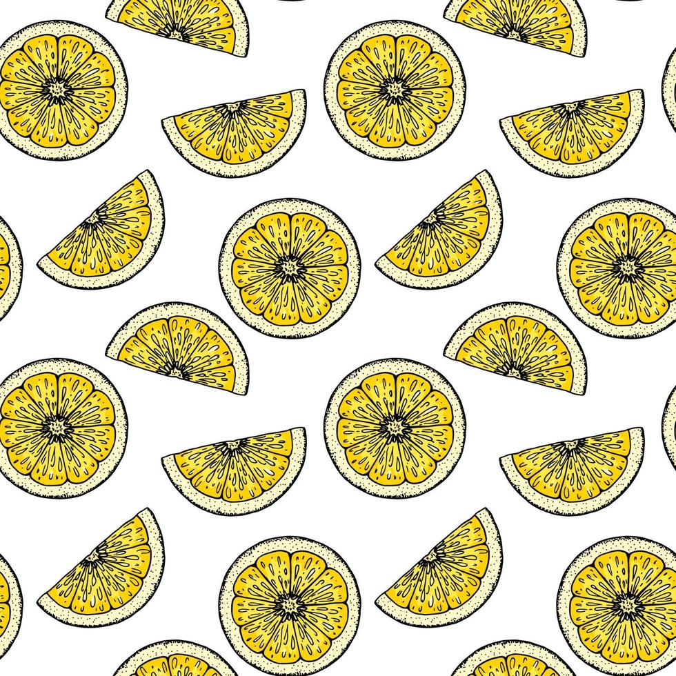 Lemon slice seamless pattern. Colorful hand drawn vector illustration in sketch style. Tropical exotic citrus fruit summer background