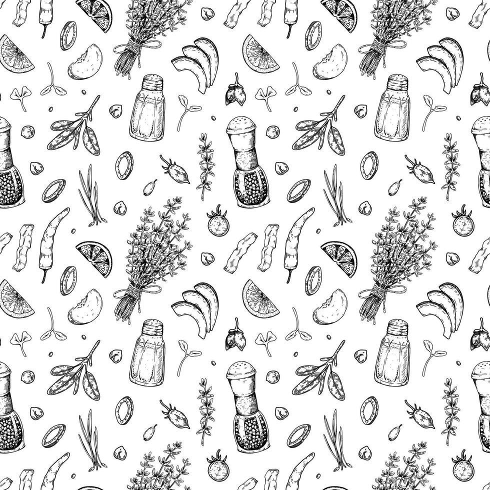 Food seamless pattern. Vector illustration in sketch style. Vintage background for restaurant menu and decoration