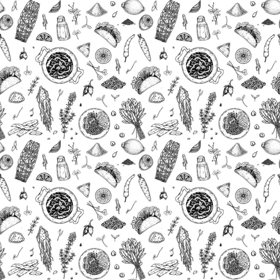Food seamless pattern. Vector illustration in sketch style. Vintage background for restaurant menu and decoration