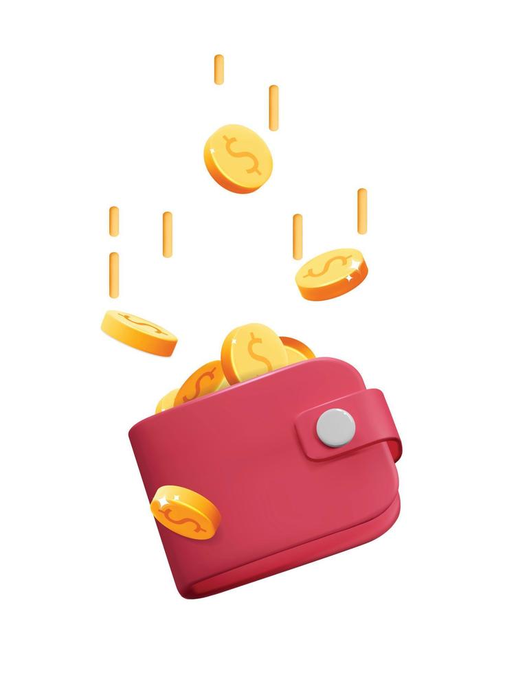 3d vector que cae desde arriba a abajo oro dólar monedas dentro el rojo billetera bolso icono para comercial lucro Bosquejo modelo diseño