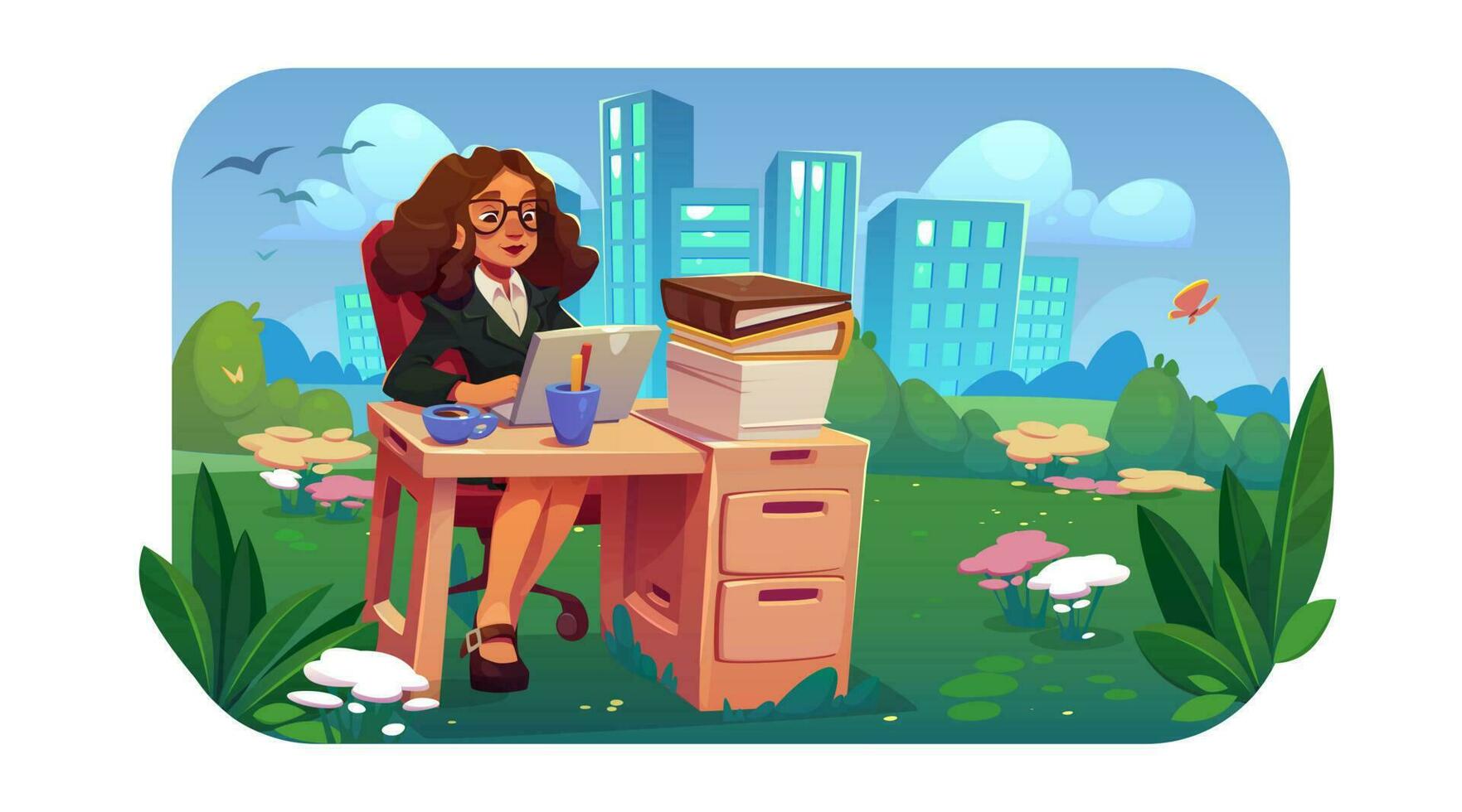 Outdoor office with woman working on laptop vector