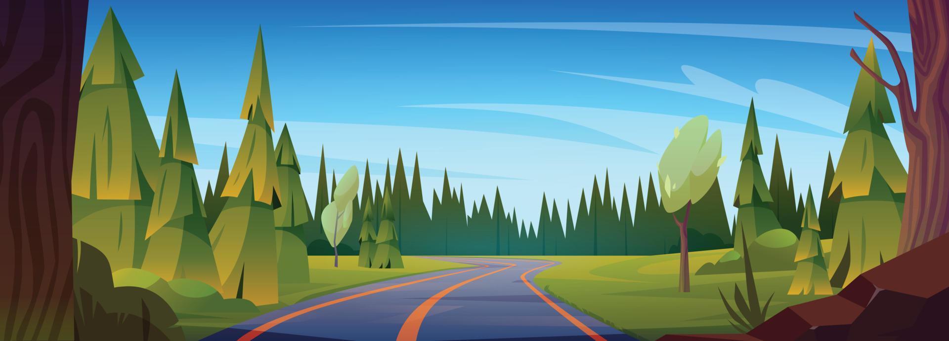 Highway in forest, cartoon road trip background vector