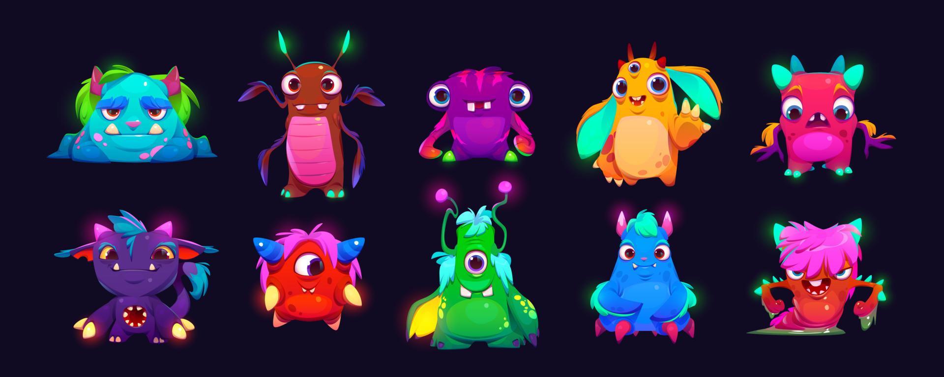 Set of cartoon neon color monsters 23203655 Vector Art at Vecteezy
