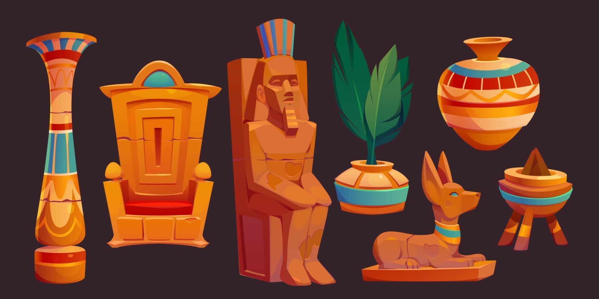 Ancient Egyptian god and pharaoh statues, throne vector