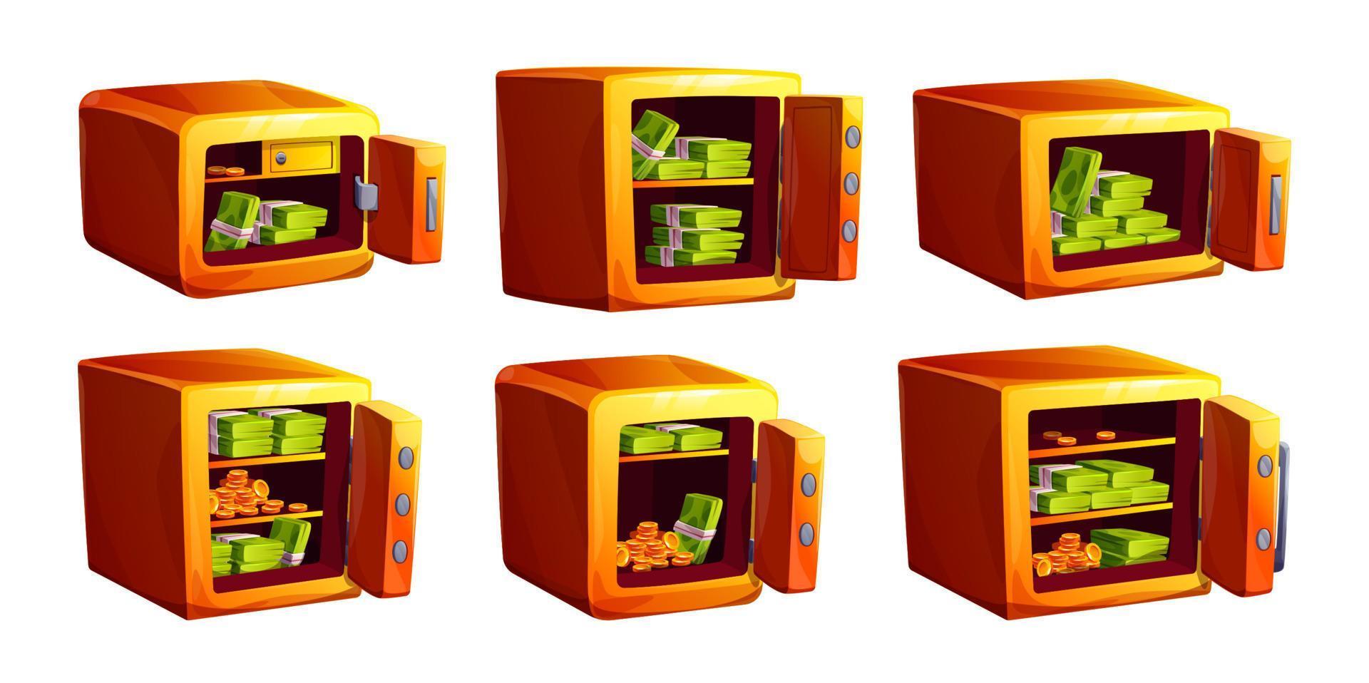 Bank vault box, open gold safe with money vector