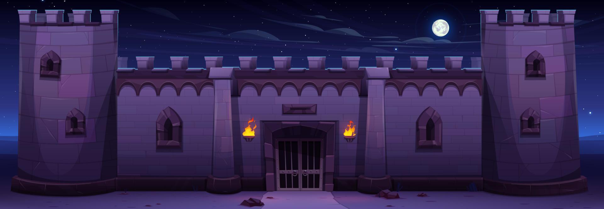 Wall of medieval stone castle at night vector