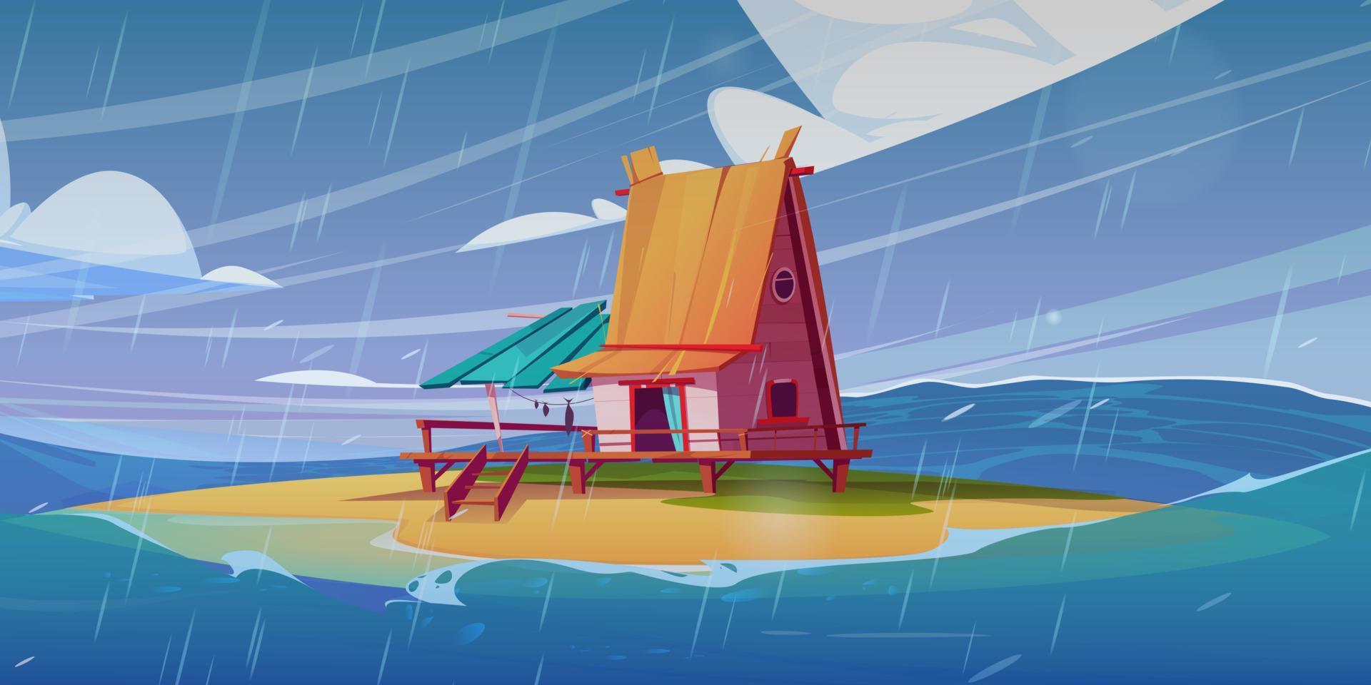 pescador casa en isla playa, mar tormenta vector