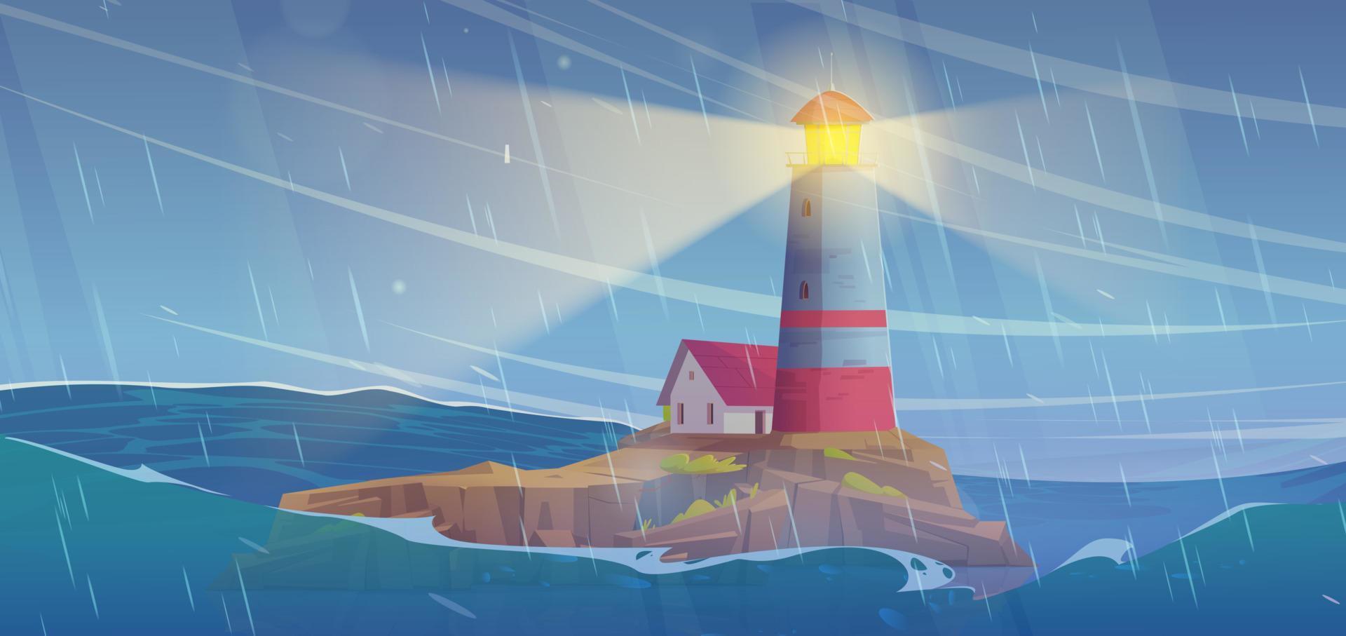 Lighthouse on cliff island in storm sea vector