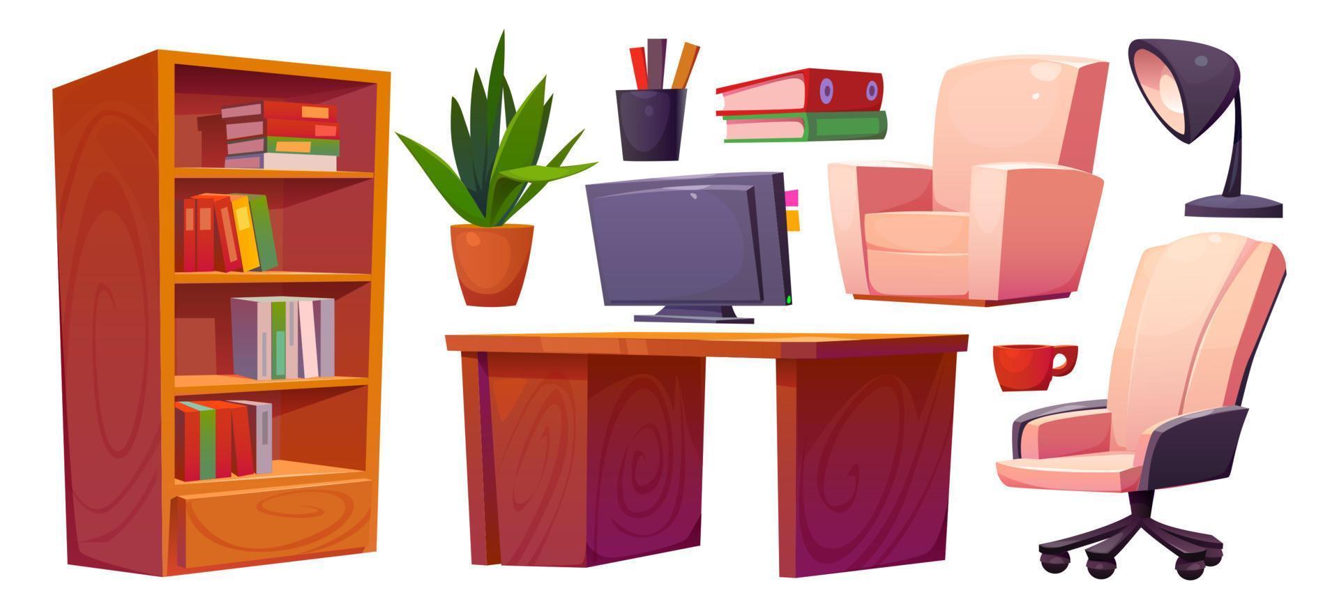 Modern work desk office room interior vector set