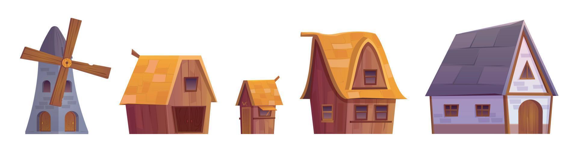 Isolated medieval village house, barn and mill set vector