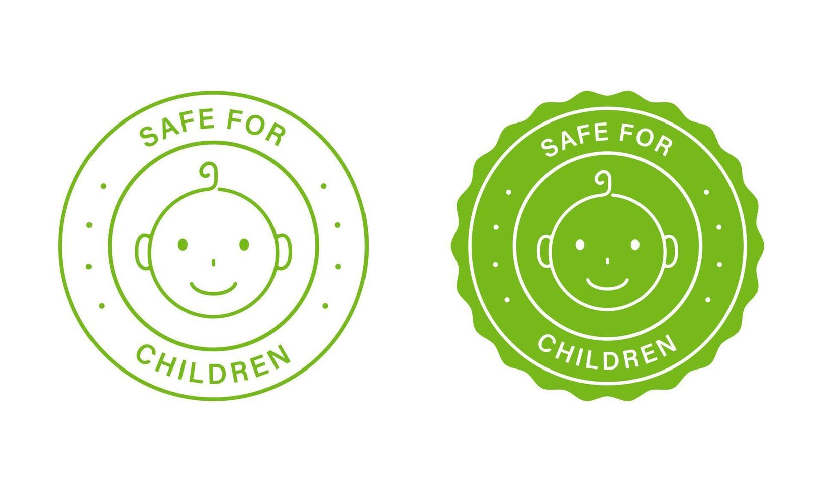 Safety Child Product Stamp Set. Safe for Children Green Labels. Non Toxic Material for Kid Sticker. Child Care Symbol. Baby Food Sign in Restaurant Menu. Kid Friendly. Isolated Vector Illustration.