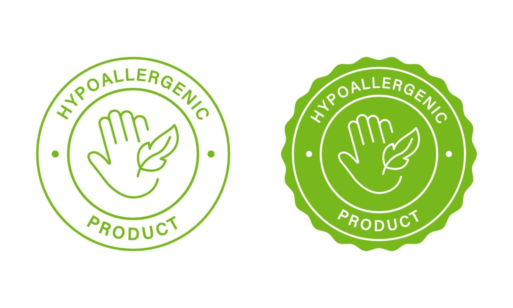 Safe Hypoallergenic Product Stamps Set. Green Label For Hypoallergenic Safe Cosmetics. Allergen Free Stickers. Hand And Feather Icon. Approved Hypoallergenic Material. Isolated Vector Illustration.