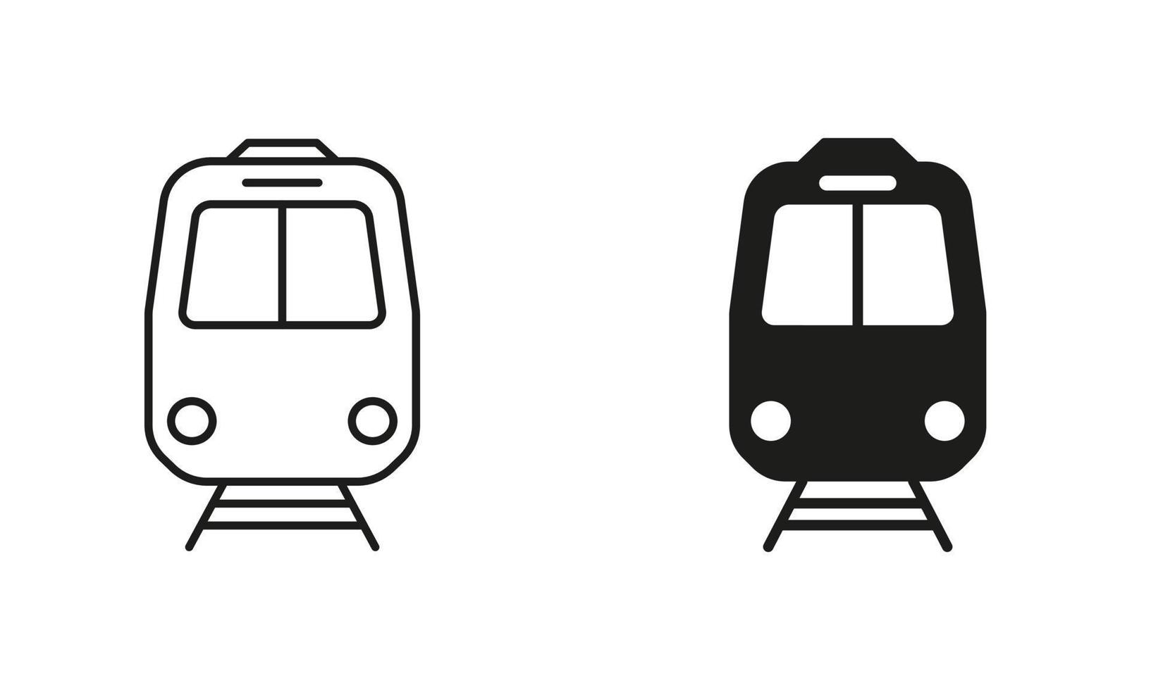 Train Line and Silhouette Black Icon Set. Railway Station Pictogram. City Electric Public Vehicle Transport Sign, Freight Locomotive Outline and Solid Symbol Collection. Isolated Vector Illustration.