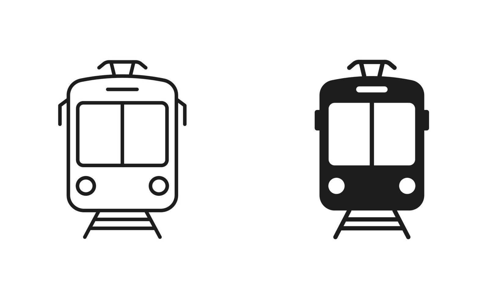 Tram Line and Silhouette Black Icon Set. Streetcar, Tramway Pictogram. Stop Station for City Electric Public Vehicle Transport Outline and Solid Symbol Collection. Isolated Vector Illustration.