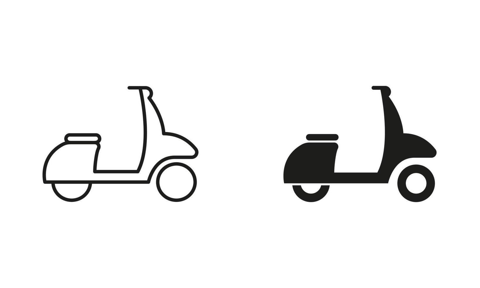 Scooter Line and Silhouette Black Icon Set. Moped, Motorbike, Motorcycle Pictogram. Motorcycle for Delivery Service Outline and Solid Sign Collection on White Background. Isolated Vector Illustration.