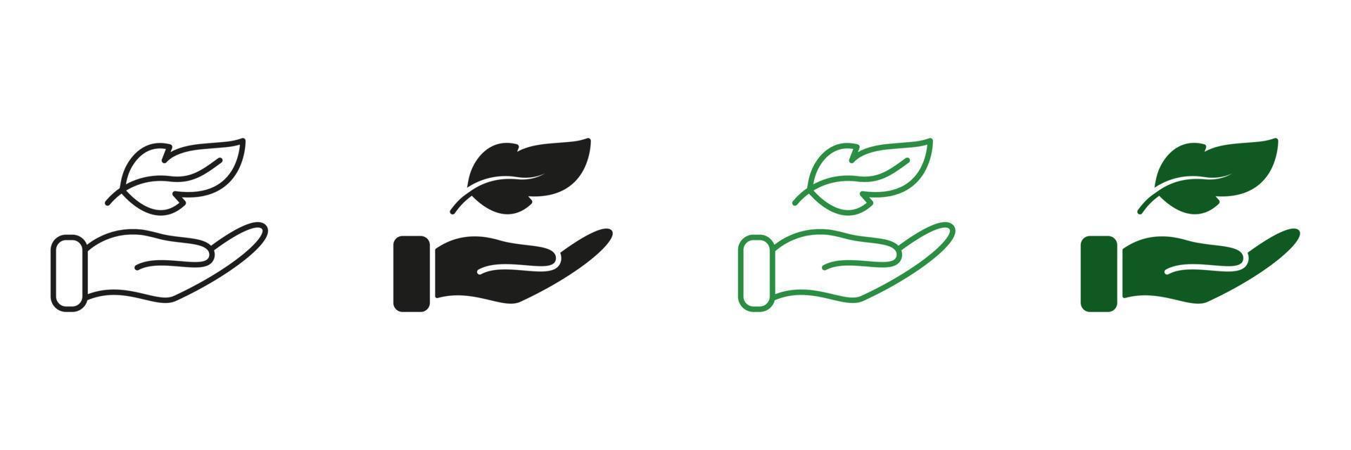 Lightweight Feather on Hand Silhouette and Line Icon Set. Soft Delicate Sensitive Plumelet Black and Green Pictogram. Light Weight Symbol. Easy Smooth Feather. Isolated Vector Illustration.