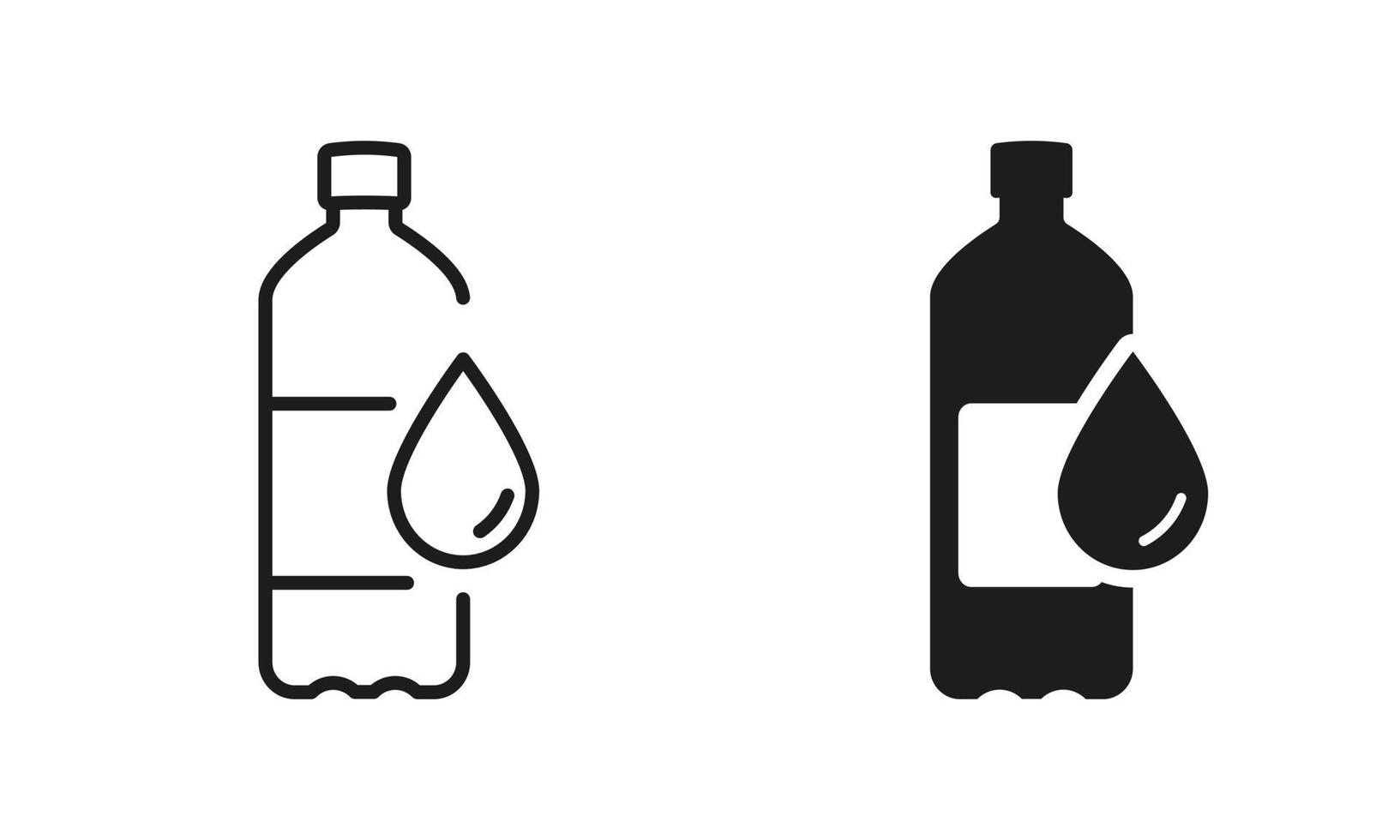 agua botella silueta y línea icono colocar. el plastico botella para bebidas, mineral agua, jugo, soda negro signo. reciclar botella símbolo recopilación. aislado vector ilustración.