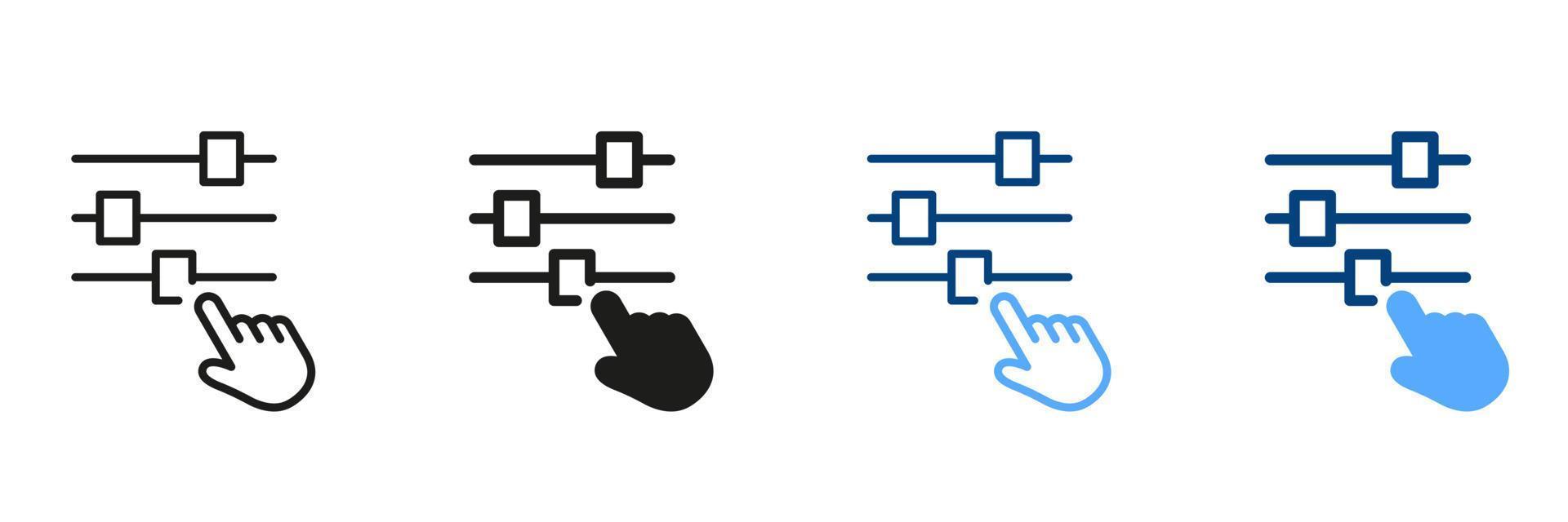 Multimedia Adjusting Symbol Collection. Control Panel and Pointer Line and Silhouette Icon Set. Adjustment Button with Hand Pictogram. Control Panel Sign. Isolated Vector Illustration.