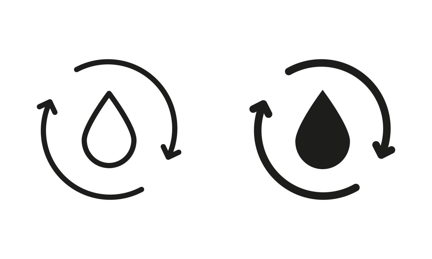 Recycle Symbol Collection. Save World Concept. Recycle or Reuse Water Silhouette and Line Icon Set. Water Drop with Circular Arrows. Renew of Liquid. Vector Isolated Illustration.