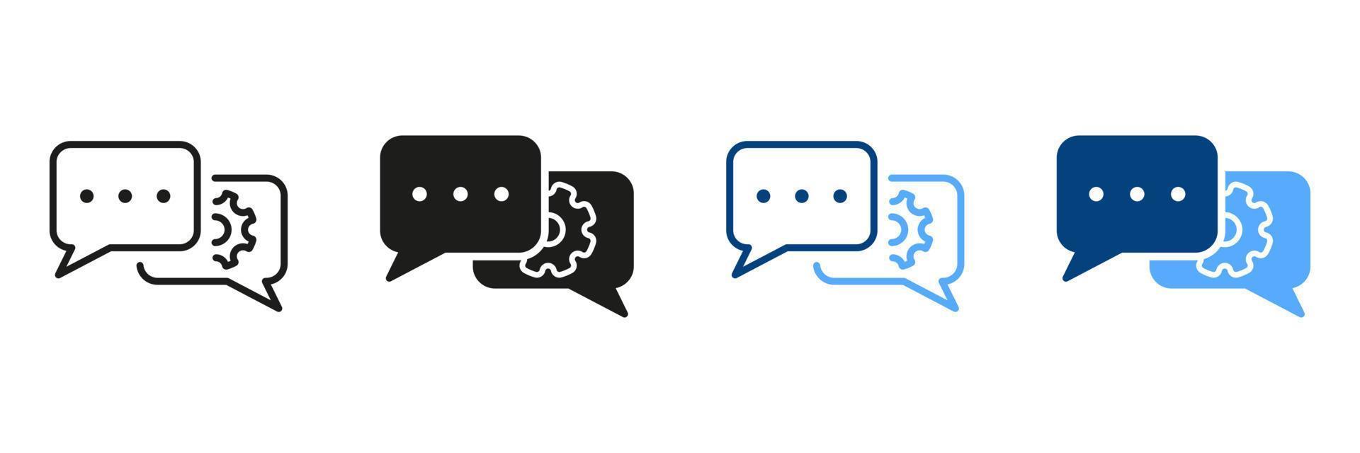 Speech Bubble with Gear, Configuration Concept Line and Silhouette Icon Set. Settings Chat Pictogram. Dialog Balloon and Cog Wheel Talk Service Symbol Collection. Isolated Vector Illustration.