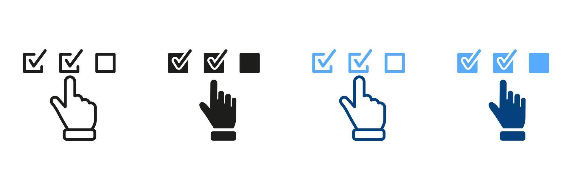 Digital Application Black and Color Pictogram. Questionnaire Line and Silhouette Icon Set. Hand Tick Checkmark Symbol Collection. Choice Checkbox in Checklist. Isolated Vector Illustration.