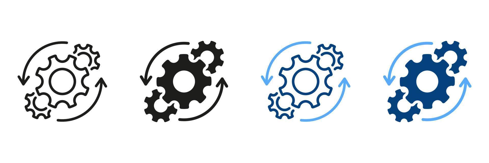 Workflow Cog Wheel Symbol Pictogram. Circle Gear Work Progress Line and Silhouette Icon Set. Gear and Round Arrow Business Technology Process Symbol Collection. Isolated Vector Illustration.