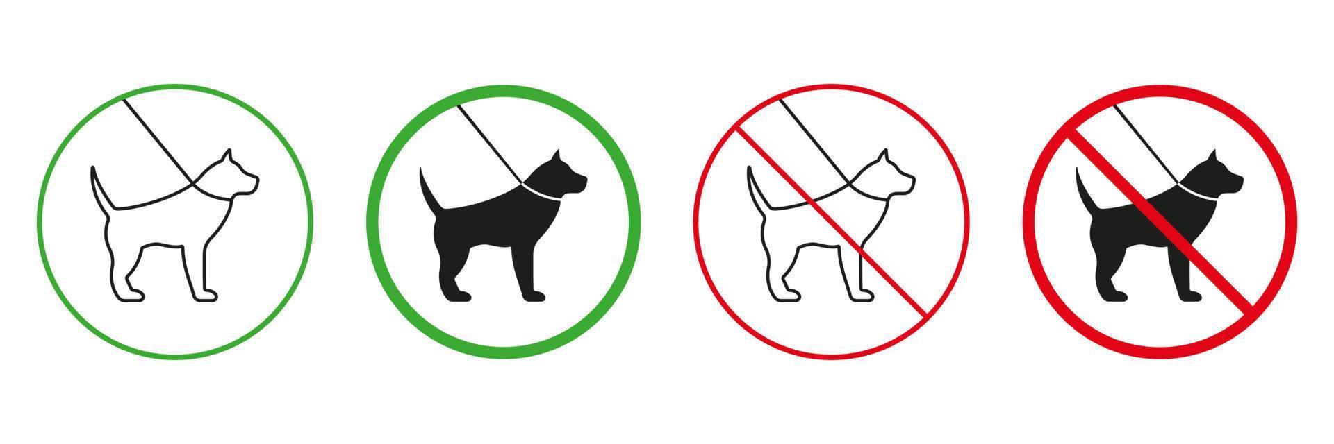 Pet on Leash Walk Zone Red and Green Warning Signs. Stroll Pet Walking Line and Silhouette Icons Set. Allowed and Prohibited Walking Dog Area Pictogram. Isolated Vector Illustration.