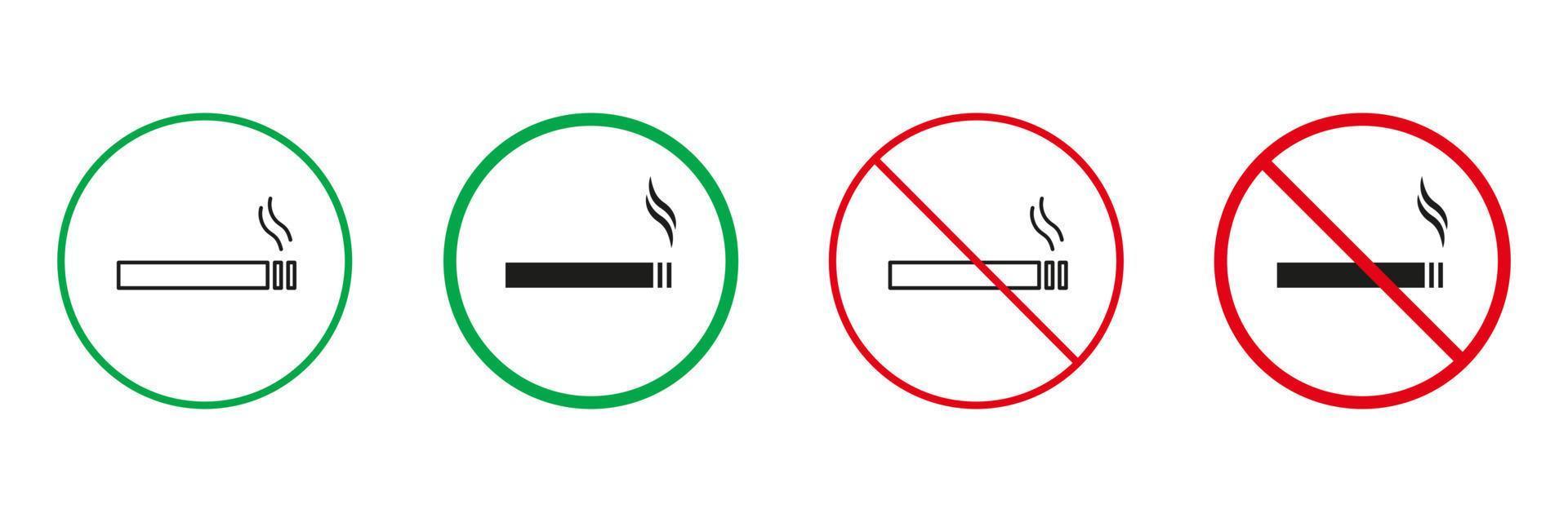 Smoking Tobacco Red and Green Warning Signs. Smoke Cigarette Line and