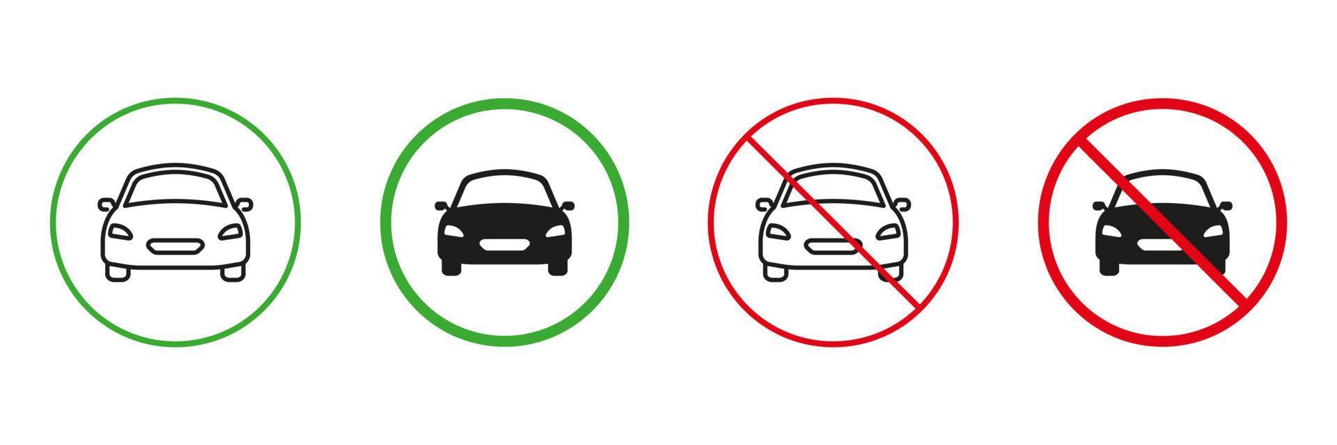 Vehicle Car Auto Line and Silhouette Icons Set. Automobile Drive Red and Green Road Signs. Permit and Not Allowed Automobile Transportation Symbol Collection. Isolated Vector Illustration.