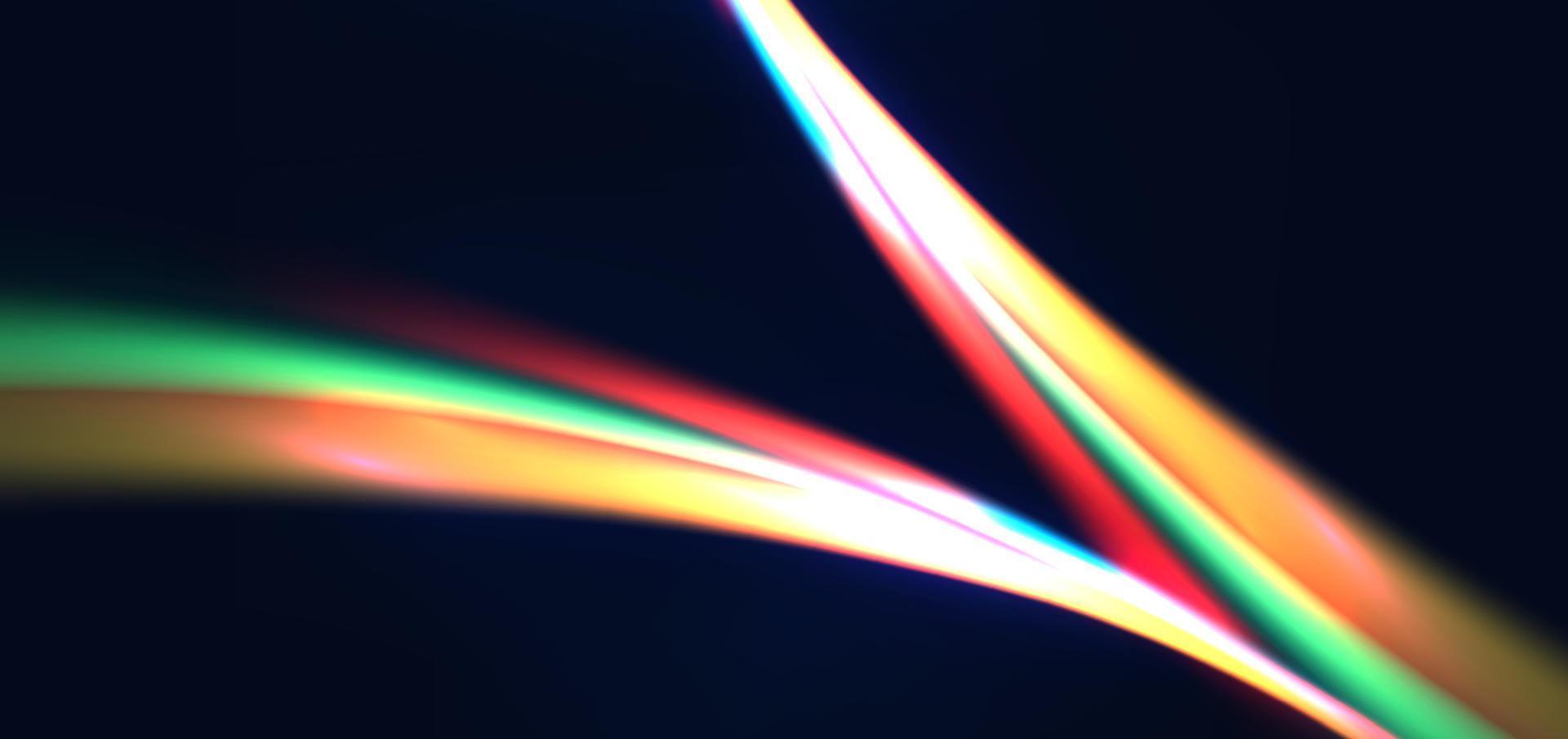 Abstract futuristic neon light curved red, blue, yellow and pink on dark blue background. vector