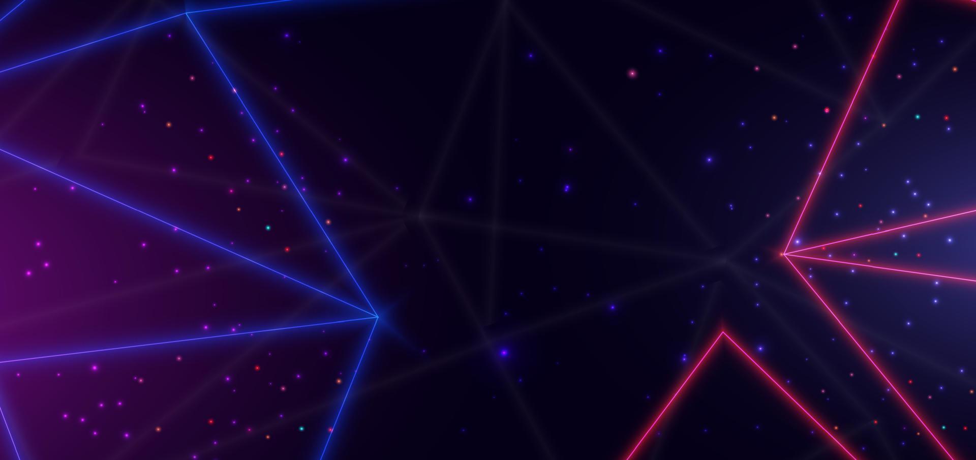 Abstract technology futuristic neon diagonal glowing blue and red  triangles lines with sparkle effect on dark blue background. vector